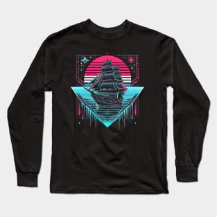 Synthwave Pirate Ship Retrowave Sunset Colorful Graphic Long Sleeve T-Shirt